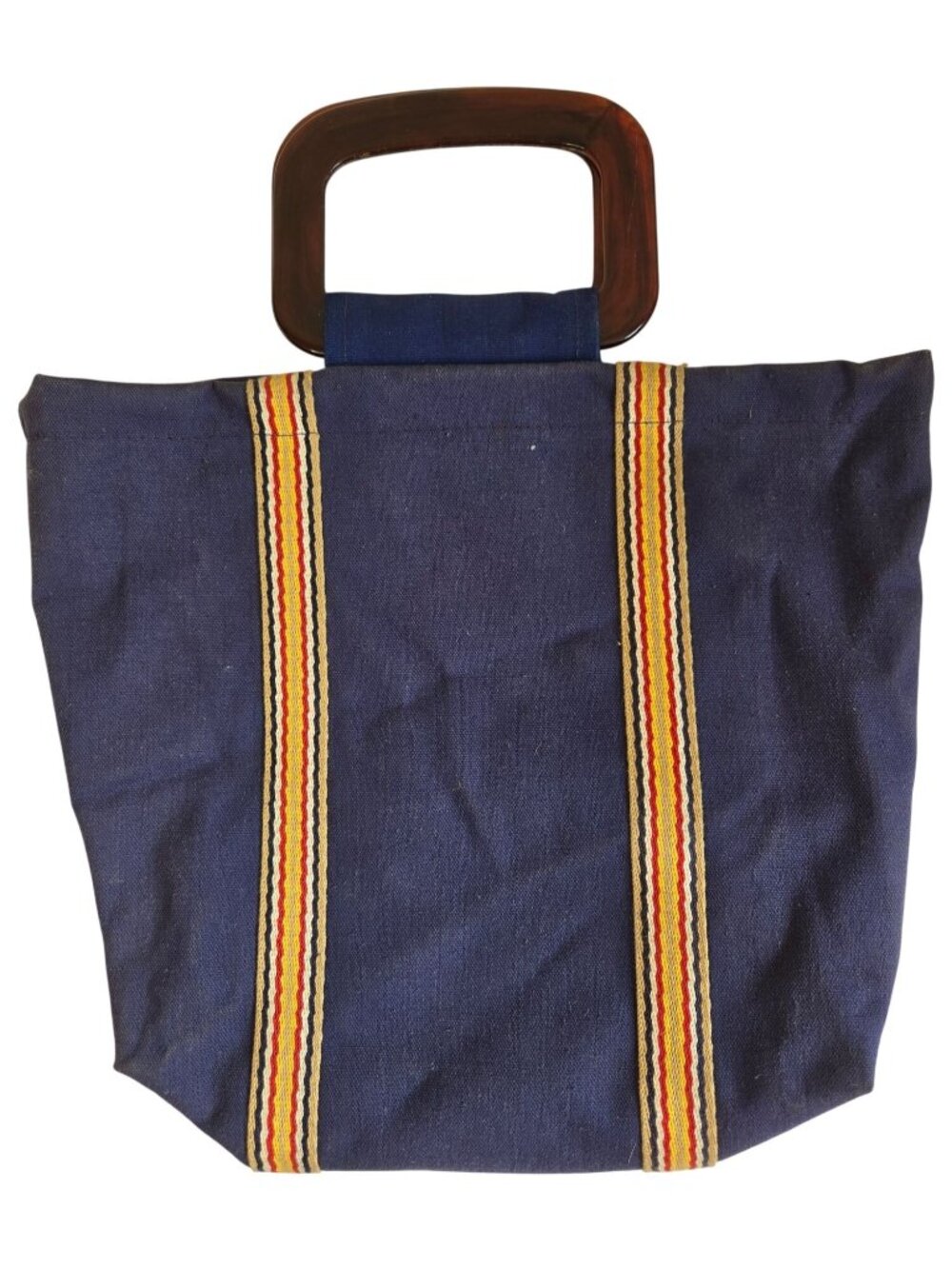 Vtg Navy Canvas Tote Yarn Bag Stripes & Brown Resin Tortoise Shell Like Handles